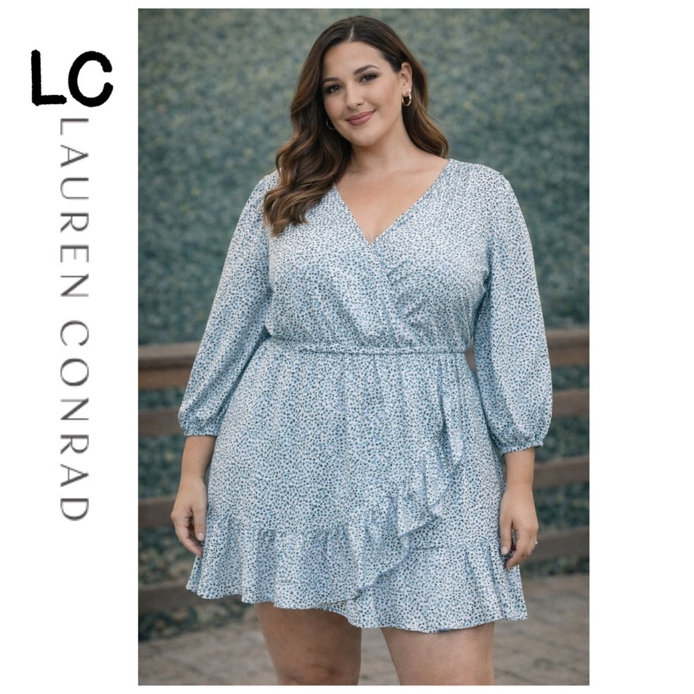 Lauren Conrad Long sleeve fake wrap blue floral dress tie waist size 2x